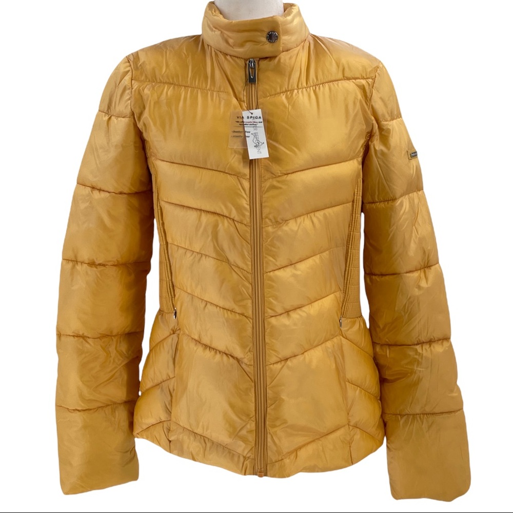 Via Spiga Smocked Quilted Puffer Jacket Maize Yellow Packable Medium/Large - Picture 2 of 11